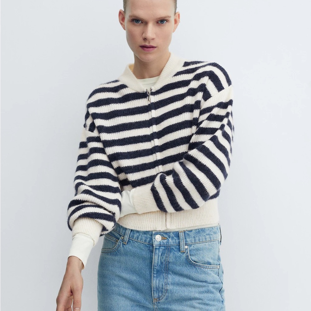 Striped Zip-Front Crewneck Sweater in Cream and Navy